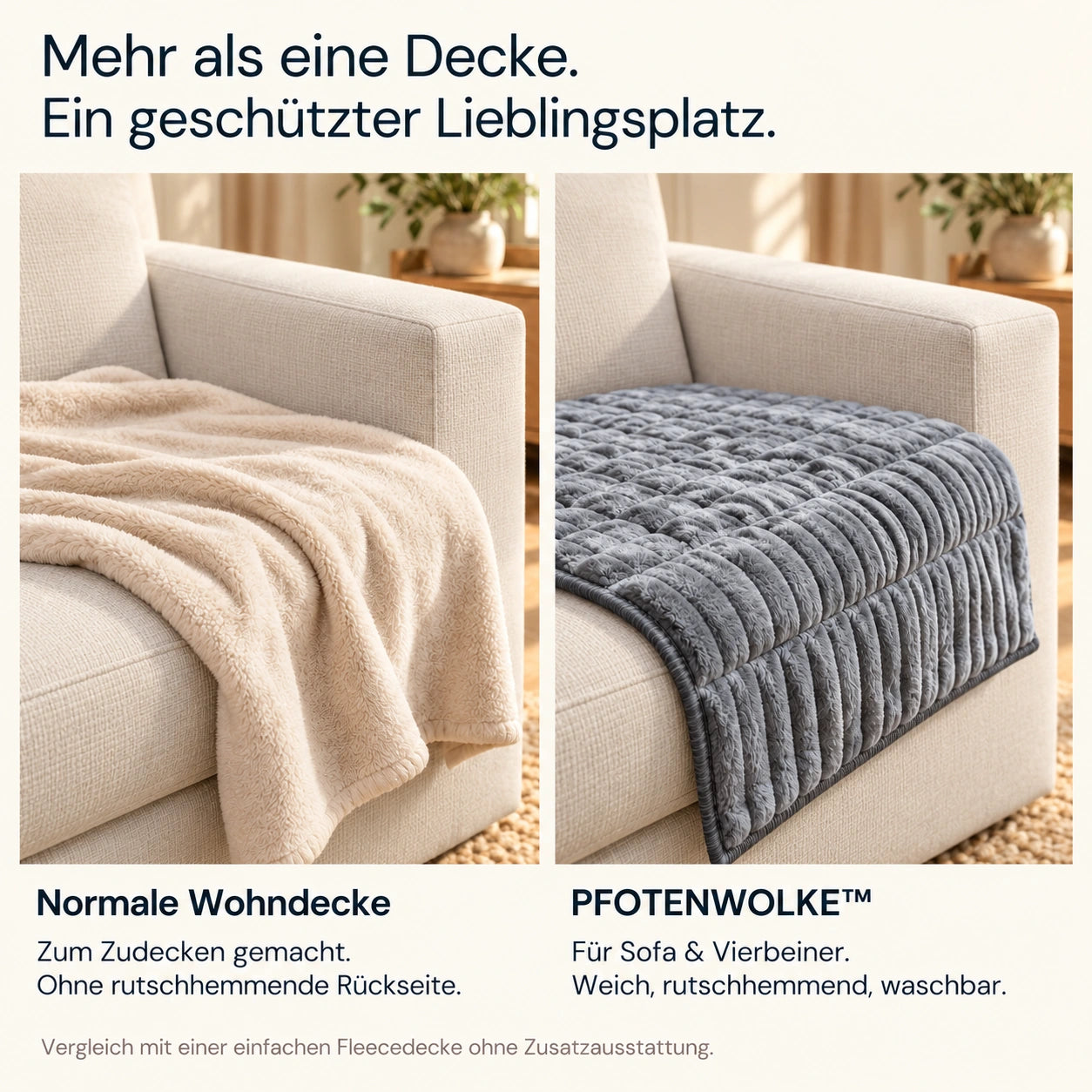 Vergleich mit einer einfachen Fleecedecke ohne Zusatzausstattung: PFOTENWOLKE verbindet eine weiche Plüschoberfläche mit rutschhemmender Rückseite und Waschbarkeit.