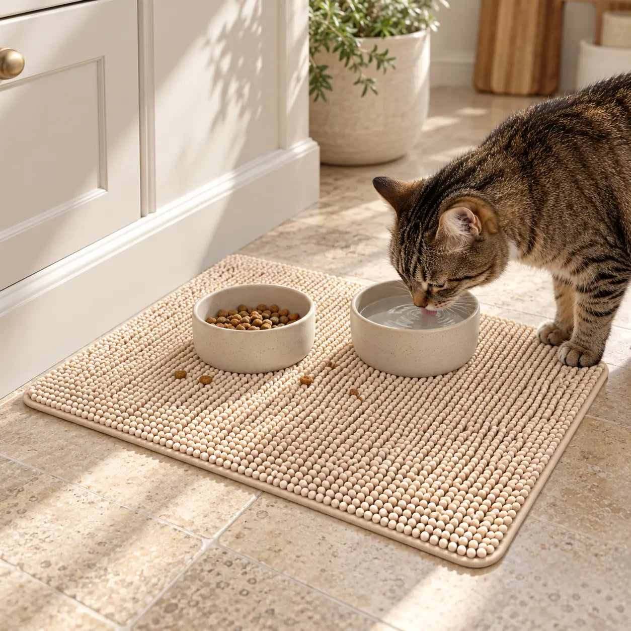 Beige PFOTENREIN Matte als Unterlage für zwei Näpfe neben einer Katze