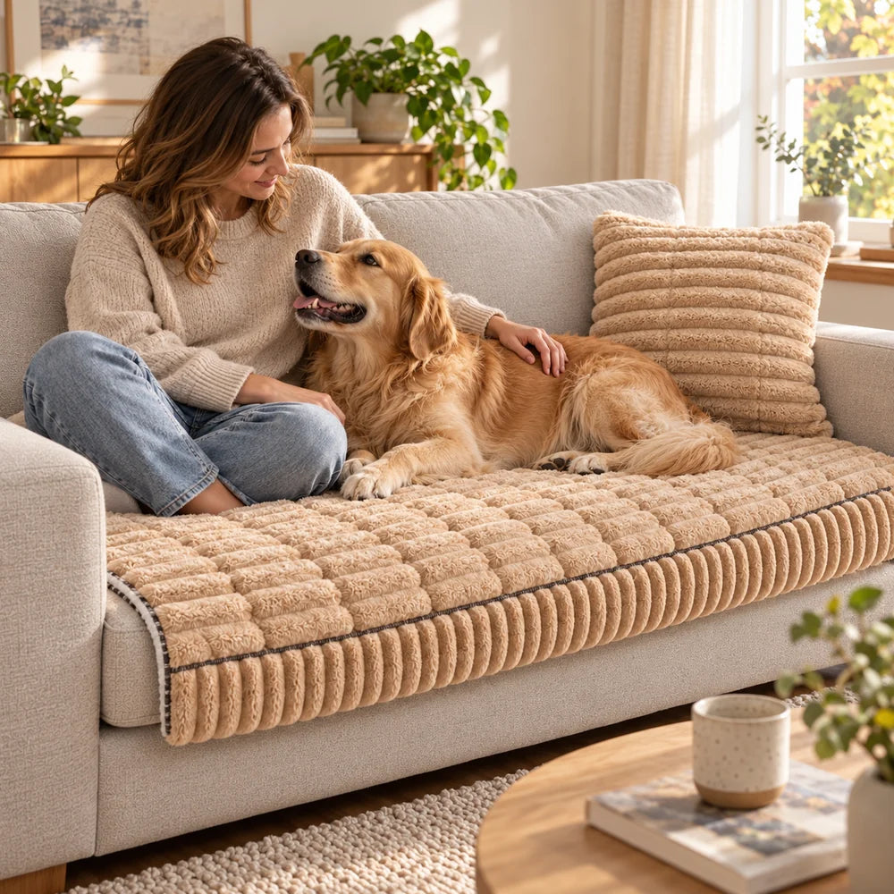 Eine Frau und ihr Hund kuscheln gemeinsam auf der beigen PFOTENWOLKE Sofa-Decke.