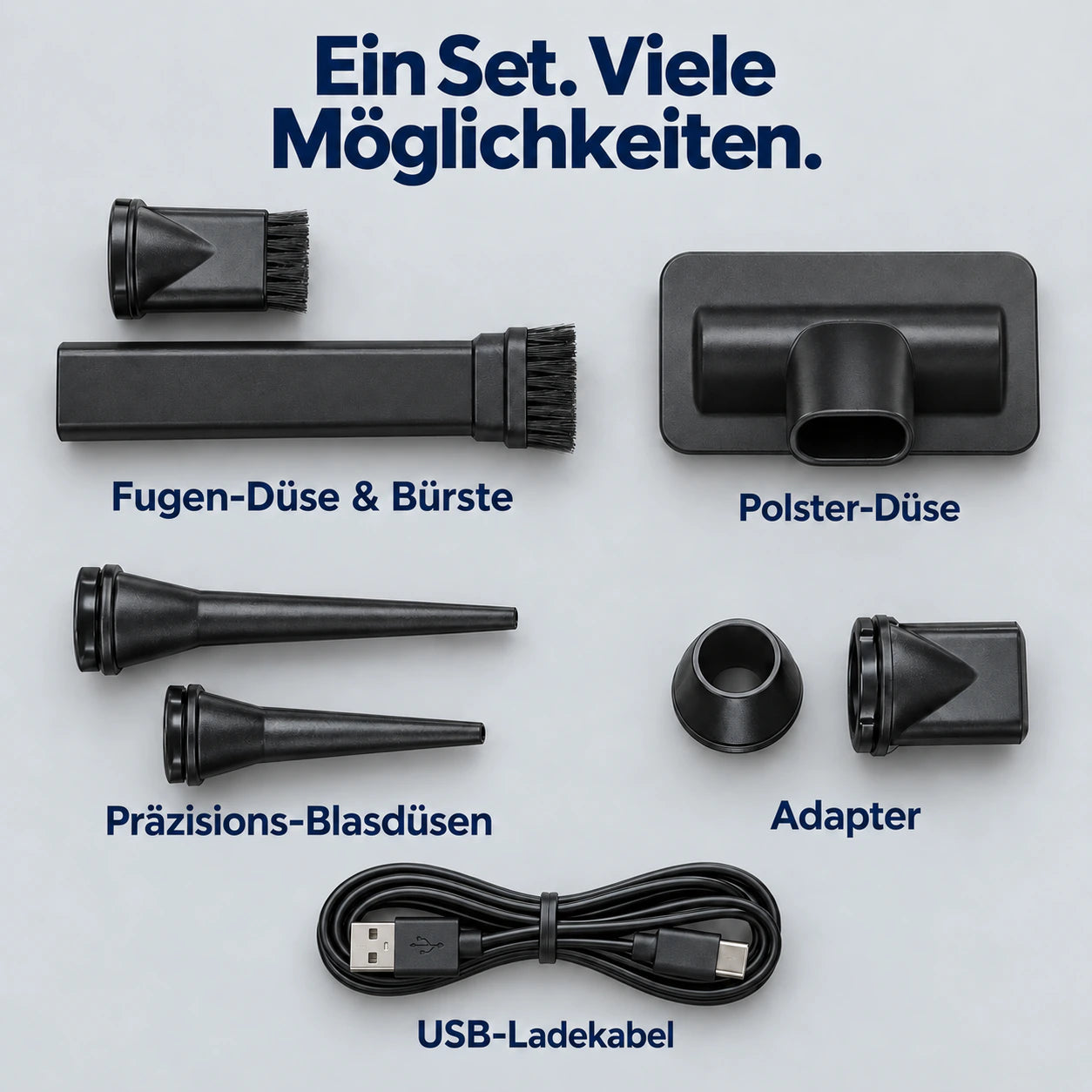 Mitgeliefertes AIR-FUSION Zubehör: Fugen-Düse und Bürste, Polster-Düse, Präzisions-Blasdüsen, Adapter und USB-Ladekabel