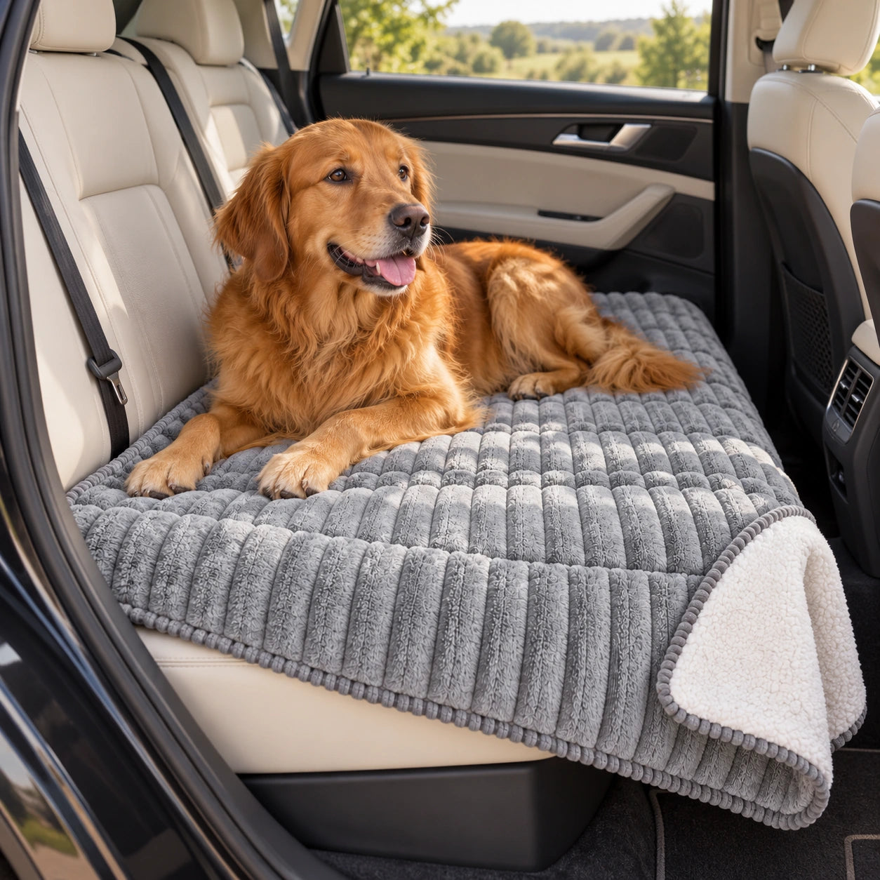 Hund auf der hellgrauen PFOTENWOLKE Decke auf einer modernen Auto-Rückbank. Die umgeschlagene Ecke zeigt die weiße Unterseite.