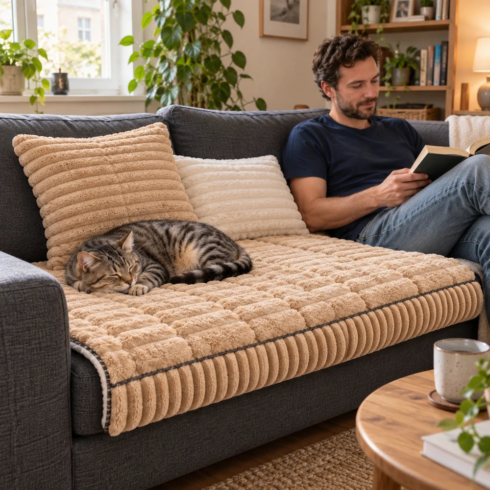 Katze und lesender Mann auf einem Sofa mit beiger PFOTENWOLKE Decke und passenden Kissen.